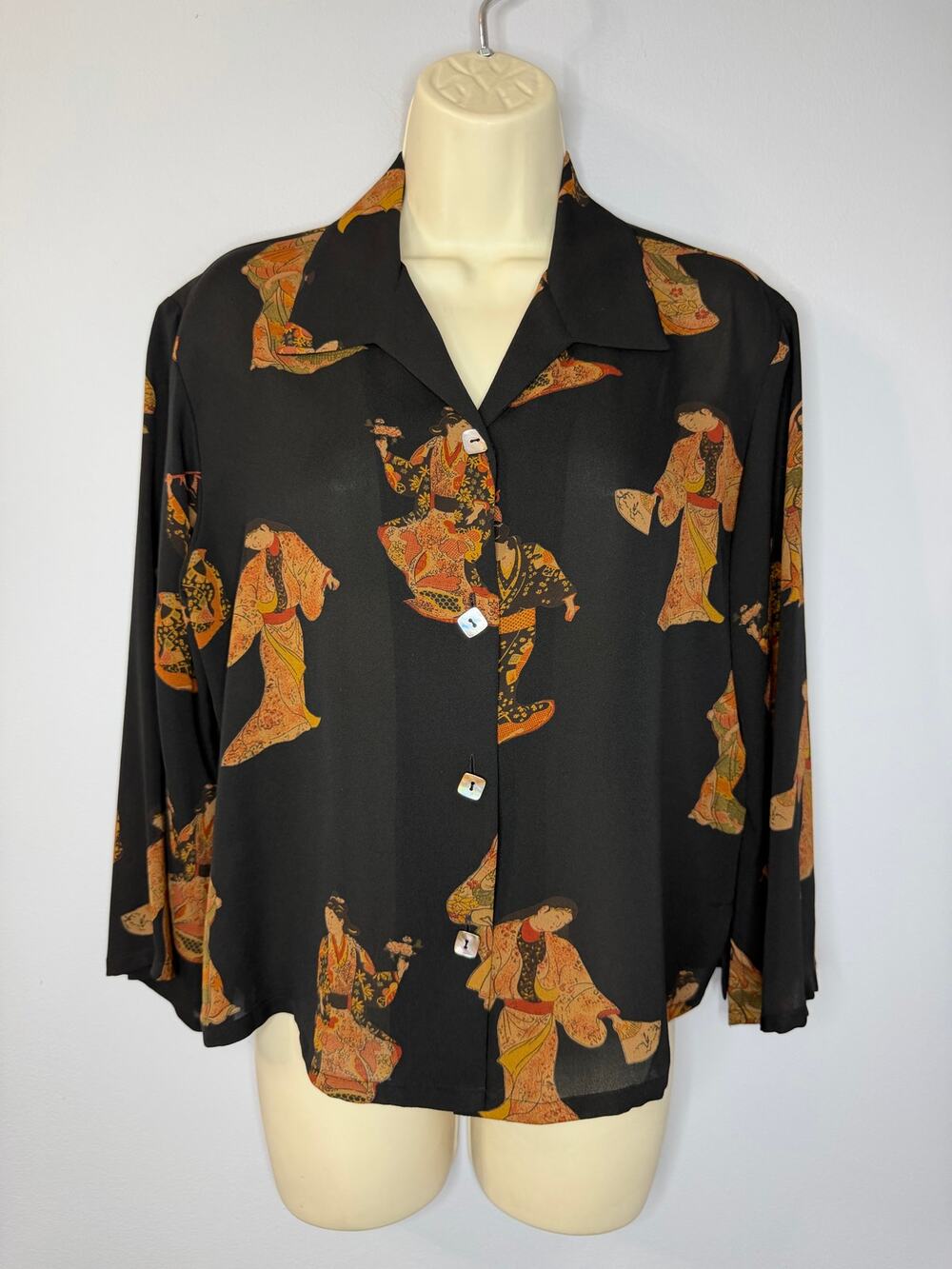 Harari Vintage Silk Asian Geisha Print Blouse Artsy Women's Black Sz M
